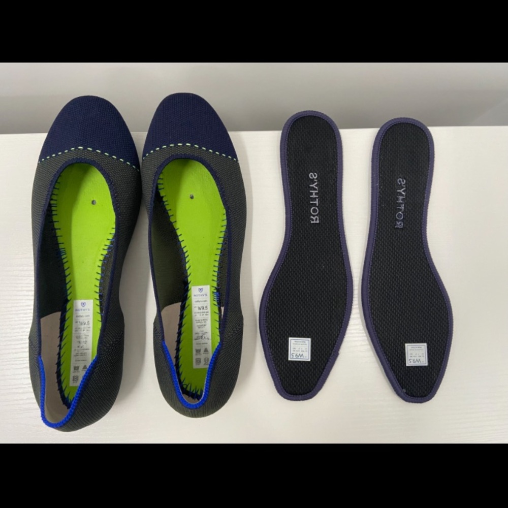 Rothy's The Square Highland Green Blue Cap toe Ballet Flats Shoes women’s 9.5